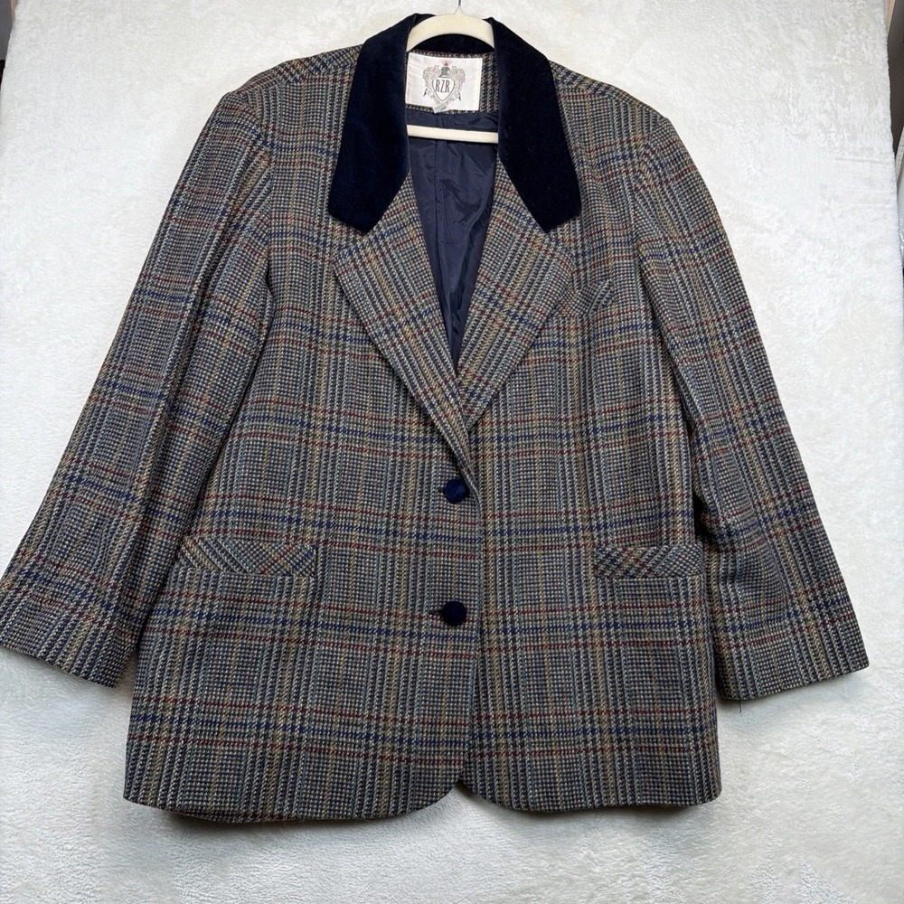 Vintage Women's Plaid Wool Blazer Velvet Collar Equestrian Riding Jacket XL